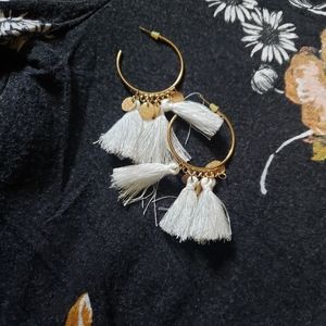 White fringed hoop earrings
